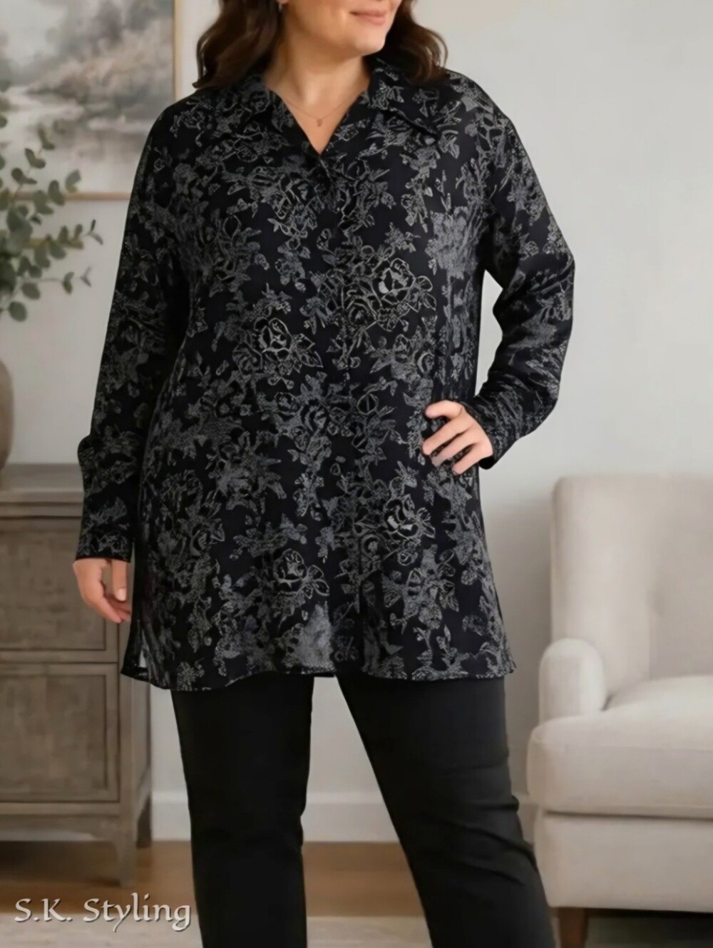 Vtg 80s Kathryn Deene Sheer Dark Rose Floral Tunic Plus size 26 / 28 Whimsigoth